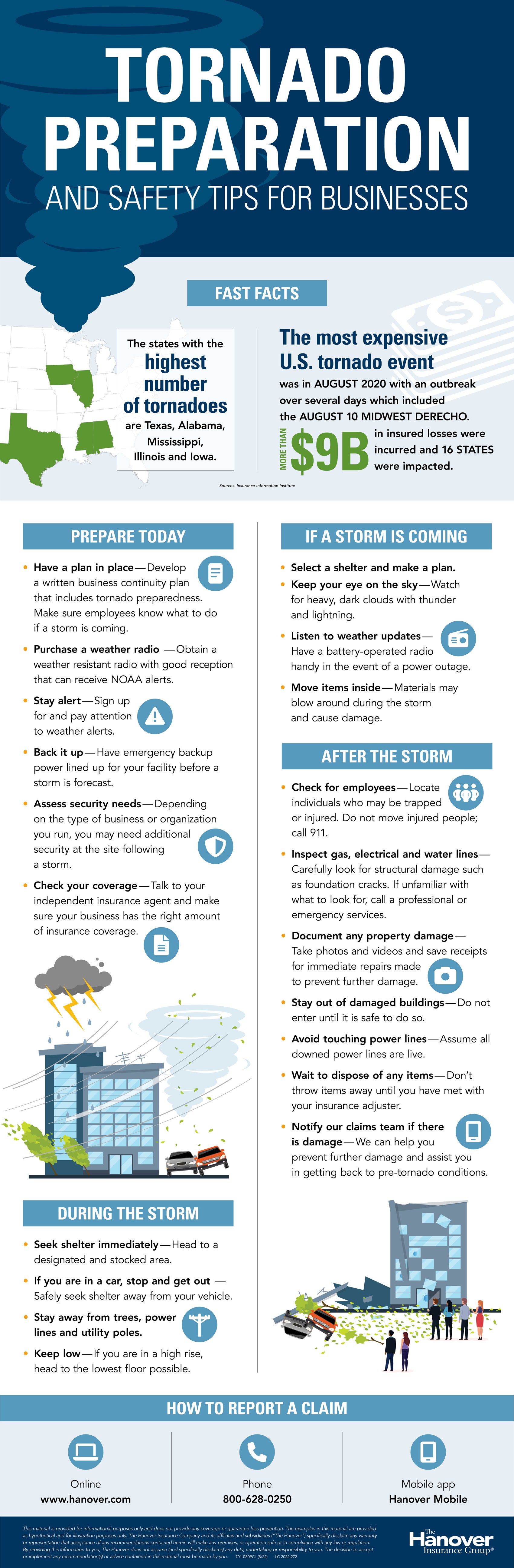 Infographic with business tips for what to do before, during and after a tornado.