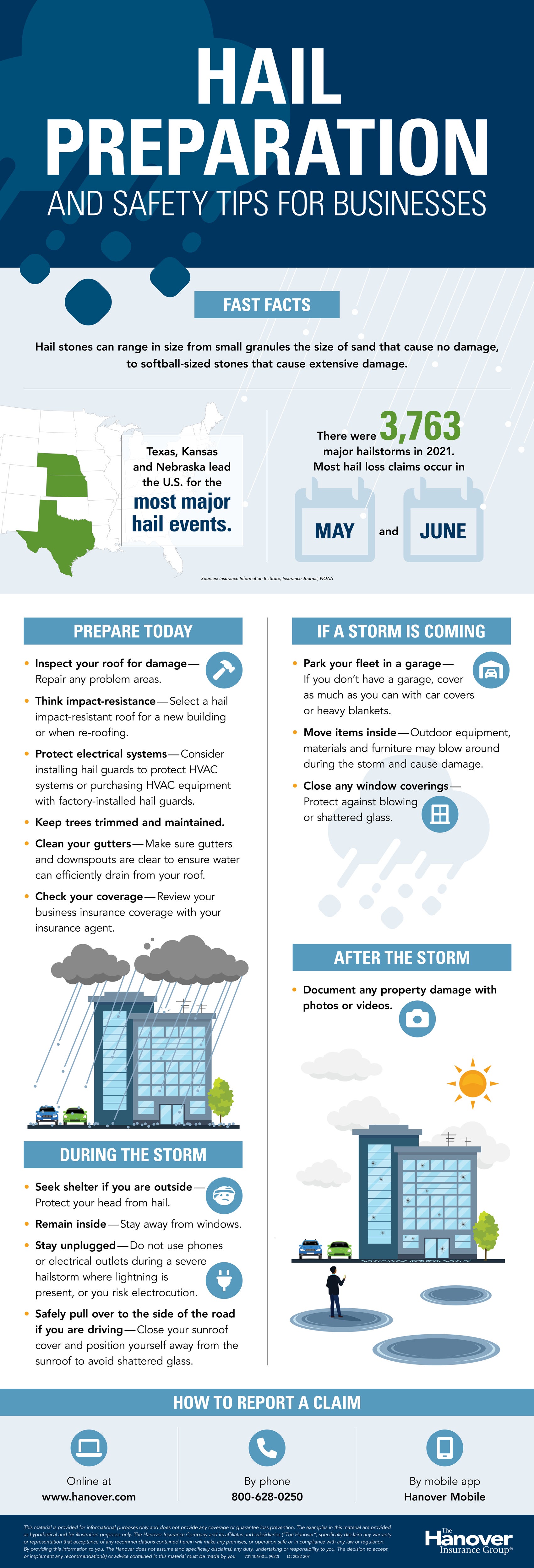 Infographic with business tips for what to do before, during and after a hailstorm.