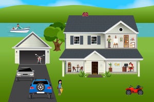 Insure we do - home and auto Illustration of two-level home, with two cars, a motorcycle and a boat