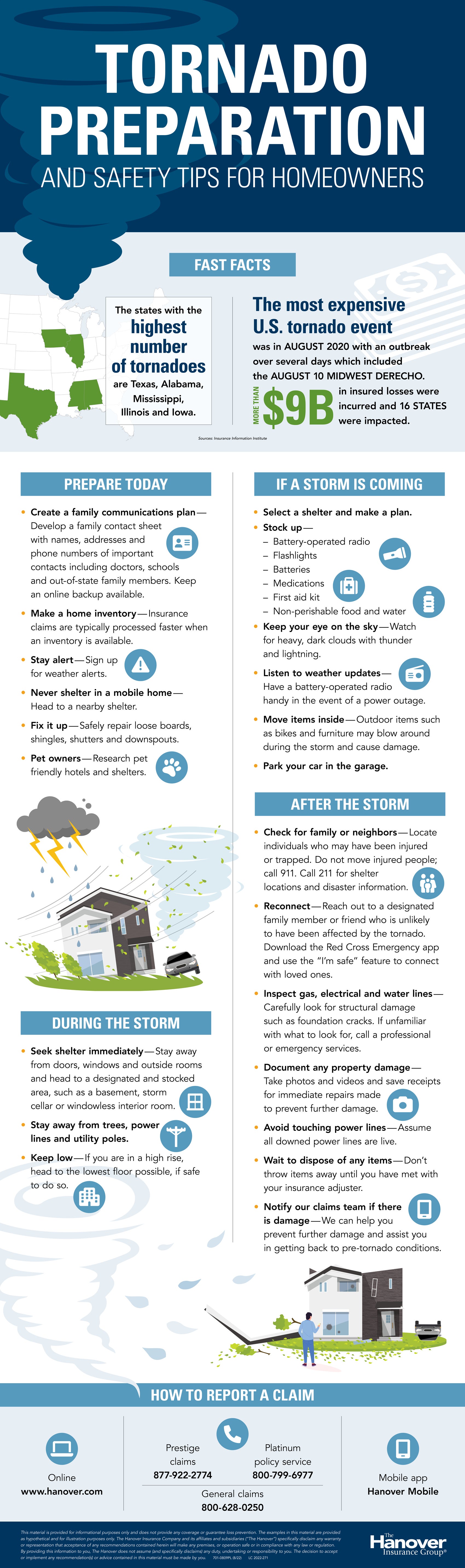 Infographic with homeowner tips for what to do before, during and after a tornado.