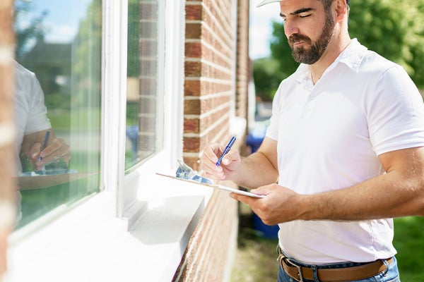 A man with a clipboard taking notes outside of a house/property