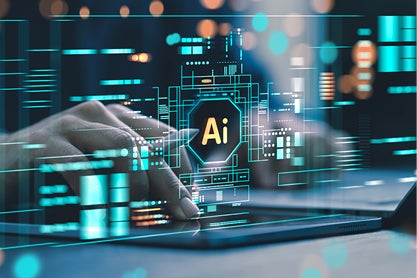 Stylized image of a hand at a computer, with an overlay of a hexagon and the text "AI"