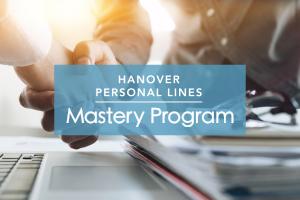 Hanover Personal Lines Mastery Program wordmark with a handshake in the background
