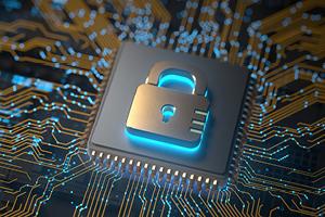 Image of a lock atop a computer chip set against a stylized circuit board background
