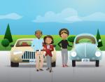 Illustration of a family in-front of their cars