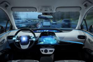 Cockpit of car showing technology safety features