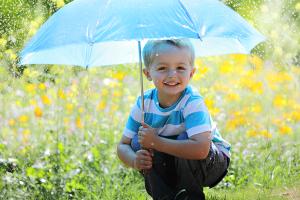 little boy with blue umbrella in field of flowers