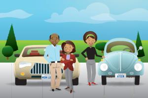 Illustration of a family in-front of their cars