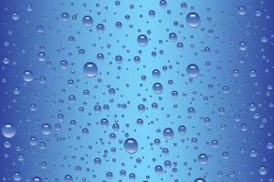 Illustrative water droplets on light blue background