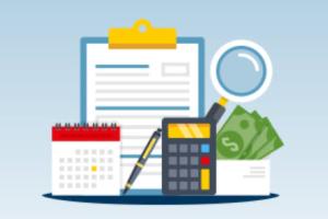 Colorful illustration of a clipboard, calendar, calculator, pen, money and a magnifying glass