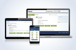 Laptop, tablet and smart phone screens all displaying the My Hanover Policy home page