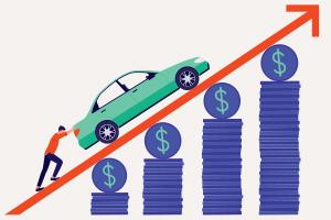 animated image of a person pushing a green car up a red arrow on a stack of blue coins