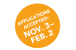 2026 application circle Orange circle with white text reading "applications accepted Nov. 3 through Feb. 2"