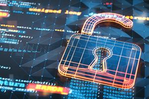 Stylized graphic of an open lock atop a computer screen